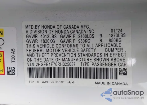 2024 Honda Civic Ex из США, поврежденный, VIN 2HGFE1F76RH325087